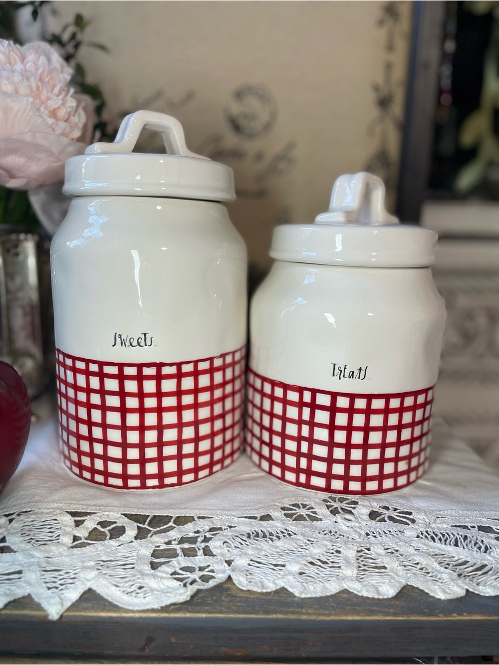 Rae Dunn white red plaid gingham ceramic canister set - Picture 2 of 6